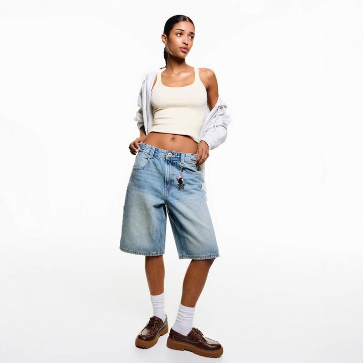 Jorvelle | Women's Relaxed Fit Longline Denim Shorts - Grey - Image 2