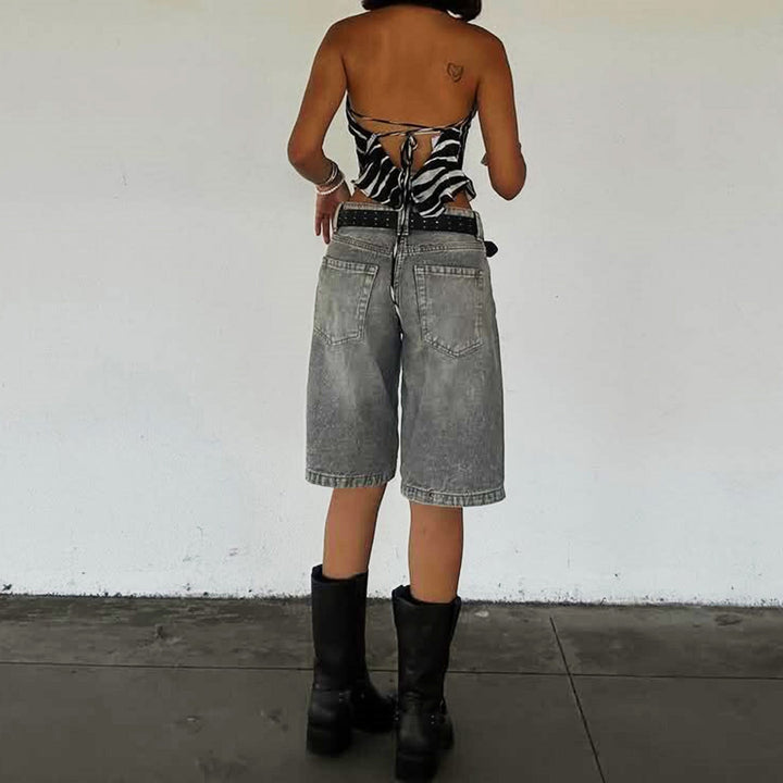 Jorvelle | Women's Relaxed Fit Longline Denim Shorts - Grey - Image 3