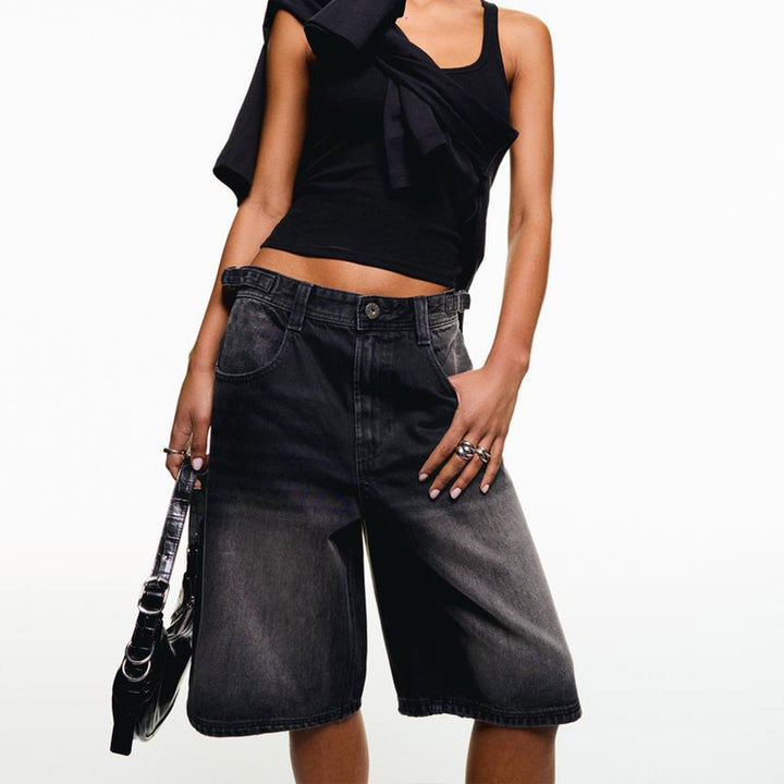 Jorvelle | Women's Relaxed Fit Longline Denim Shorts - Grey - Image 7