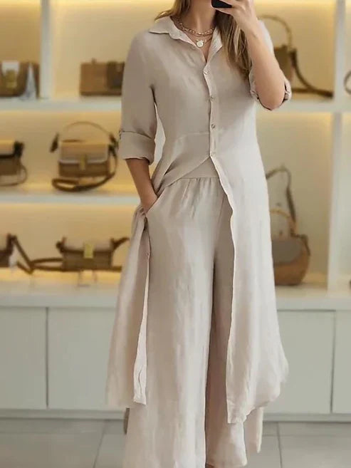 Lena | Women's 2 Piece Linen Shirt and Wide Leg Trouser Set