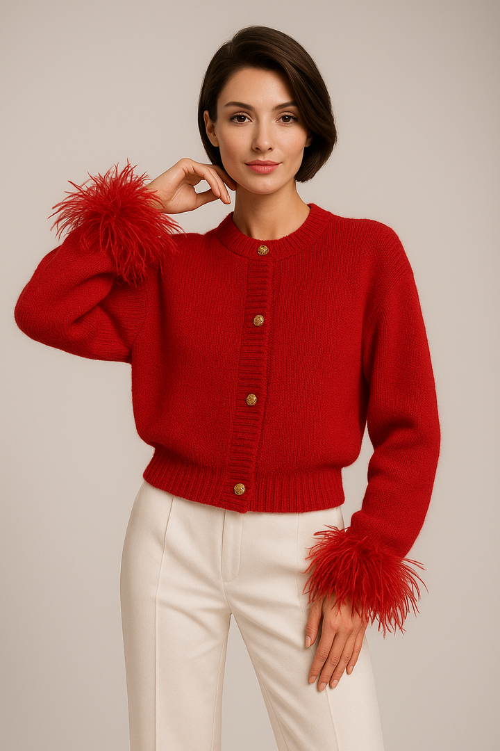 Katarina | Women's Feather Trim Button Cardigan - Black - Image 3