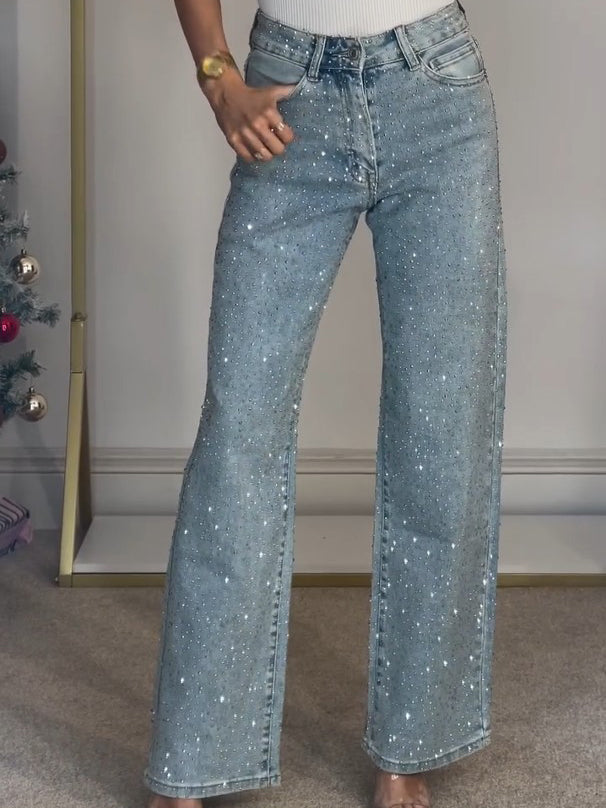 Kerenza | Women's Rhinestone Wide Leg Jeans - Light Blue - Image 1