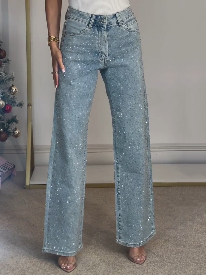 Kerenza | Women's Rhinestone Wide Leg Jeans - Light Blue - Image 2