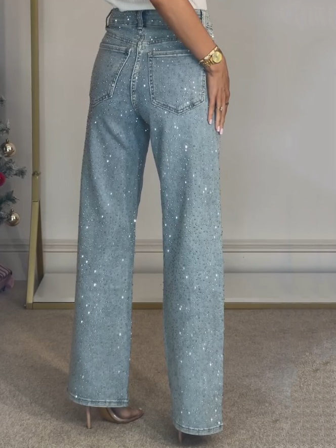 Kerenza | Women's Rhinestone Wide Leg Jeans - Light Blue - Image 3
