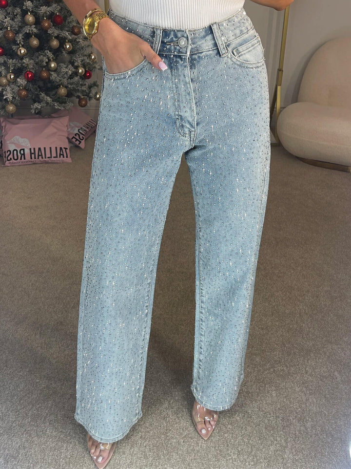 Kerenza | Women's Rhinestone Wide Leg Jeans - Light Blue - Image 4