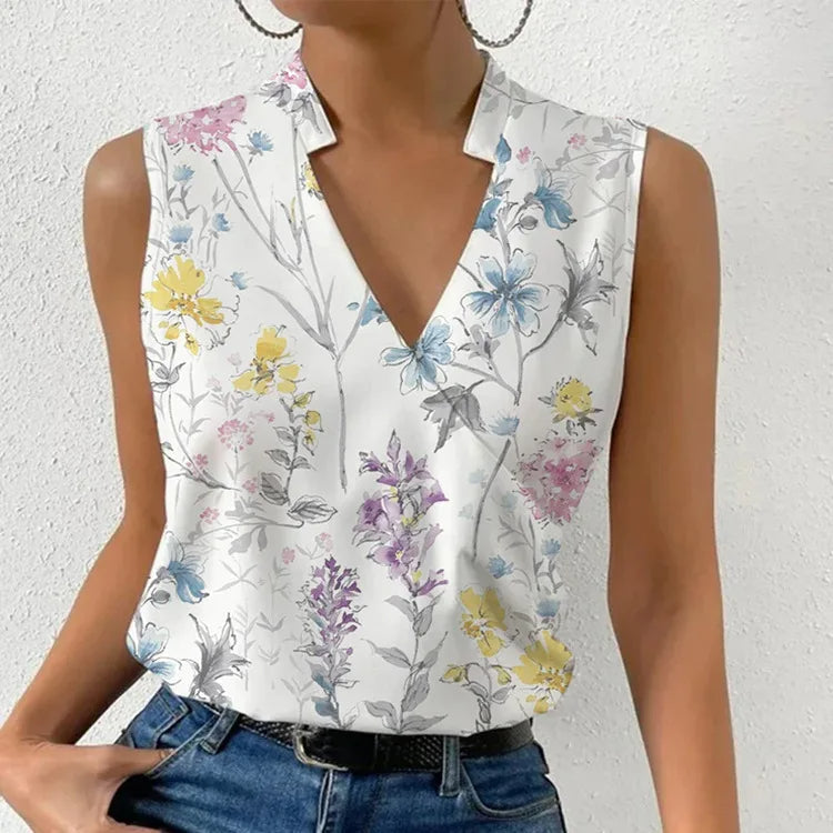 Kimara | Women's Floral V-Neck Sleeveless Blouse - Floral - Image 4