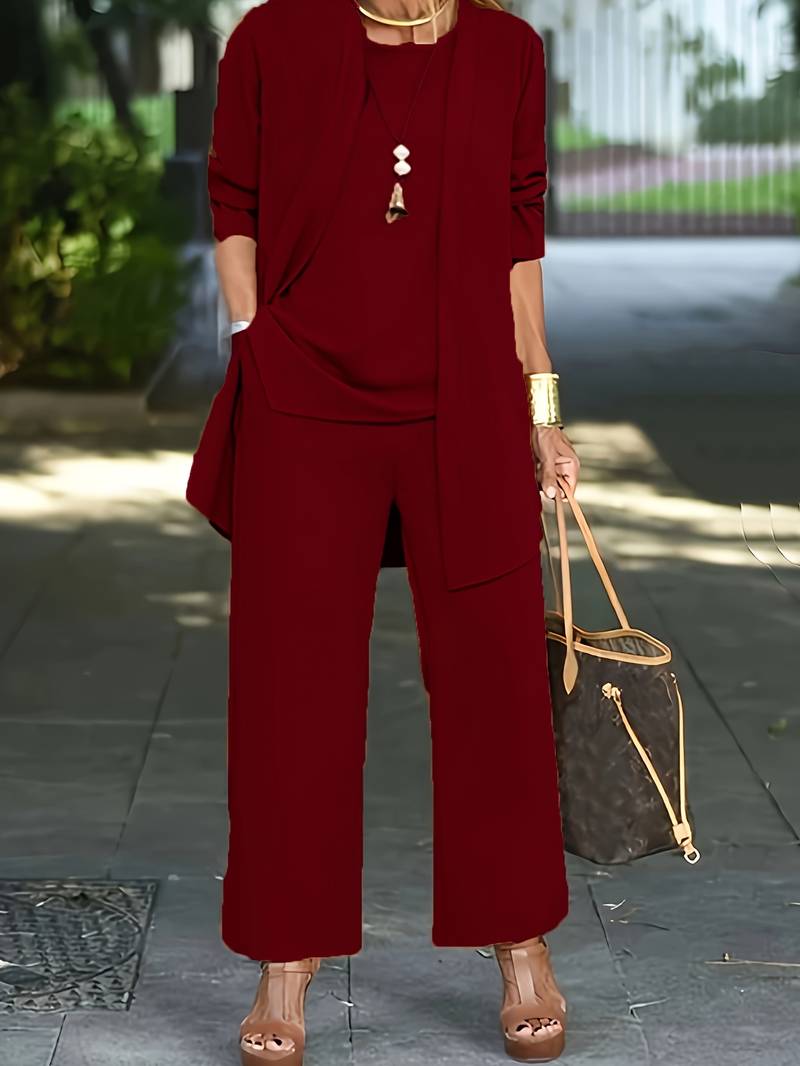 Lavender | Women's Round Neck Three Piece Coordinated Set - Burgundy - Image 1