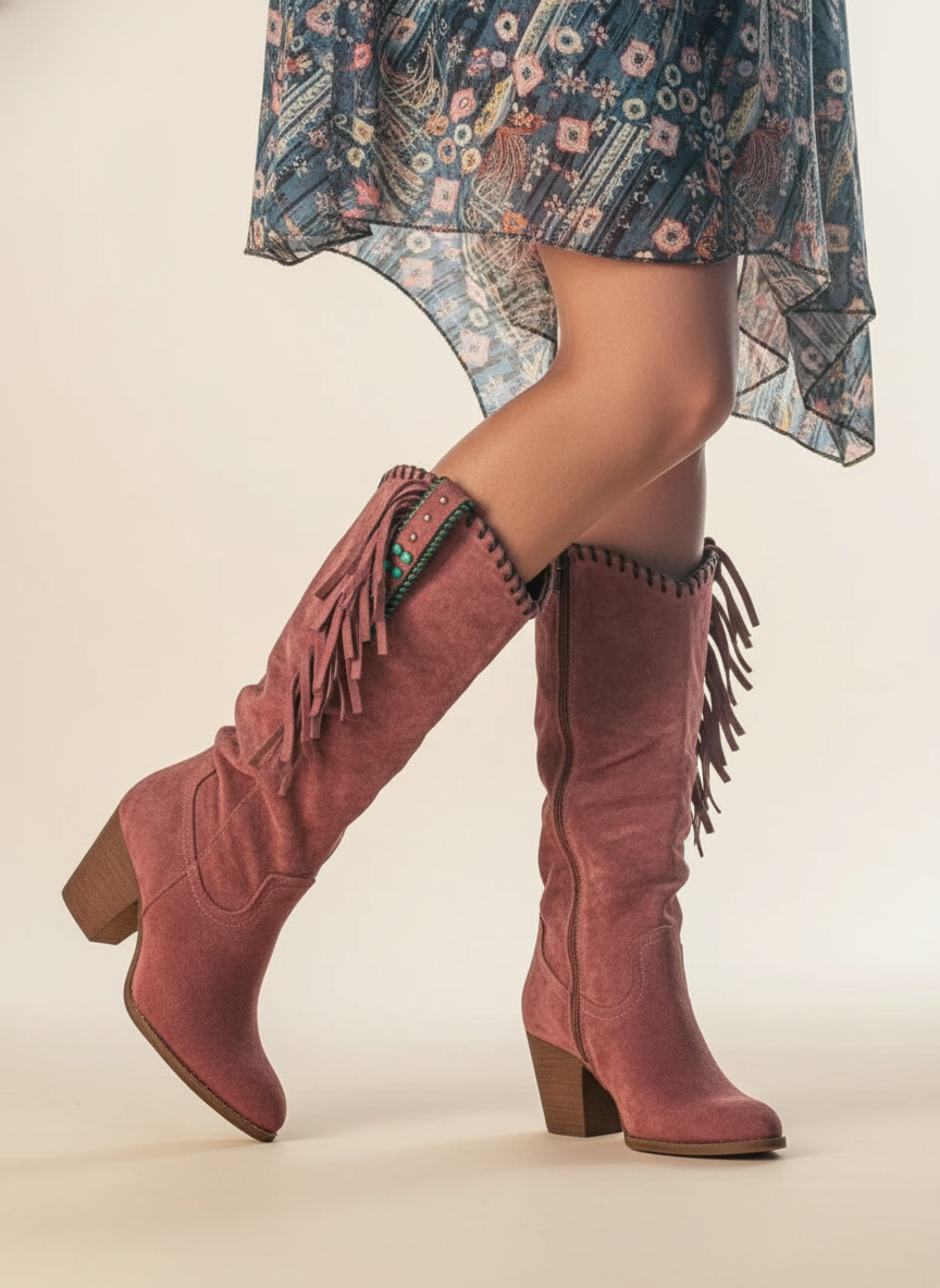 Lavinia | Women's Fringe Knee High Boots - Brown - Image 1
