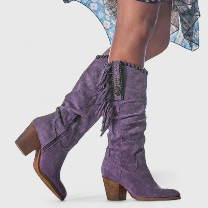 Lavinia | Women's Fringe Knee High Boots - Brown - Image 2