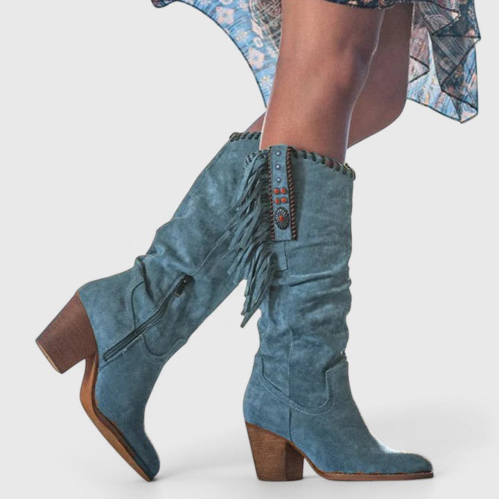 Lavinia | Women's Fringe Knee High Boots - Brown - Image 3