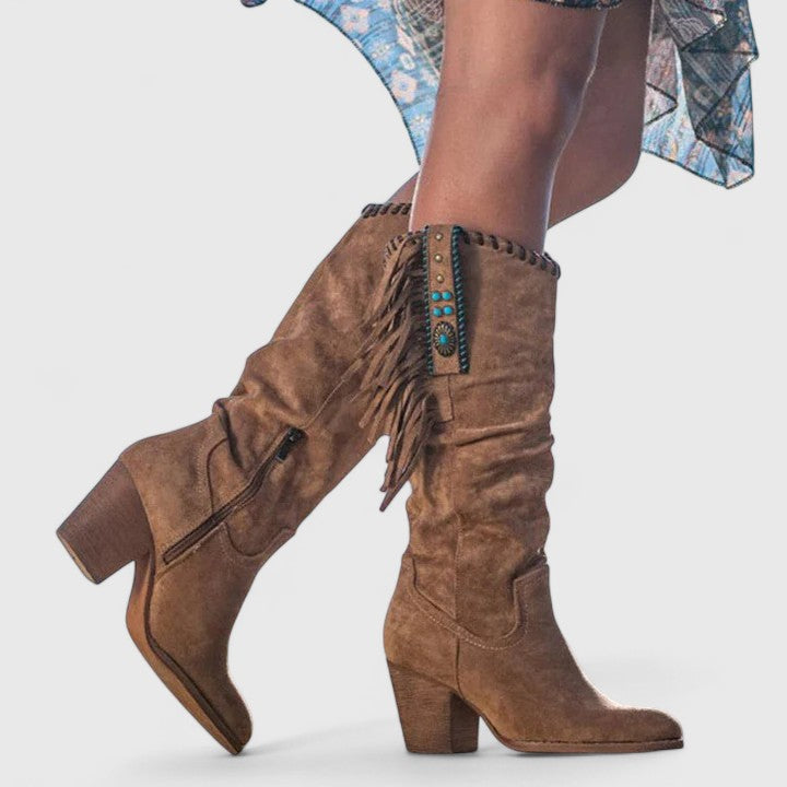 Lavinia | Women's Fringe Knee High Boots - Brown - Image 4
