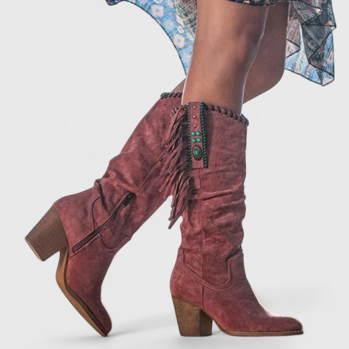 Lavinia | Women's Fringe Knee High Boots - Brown - Image 5
