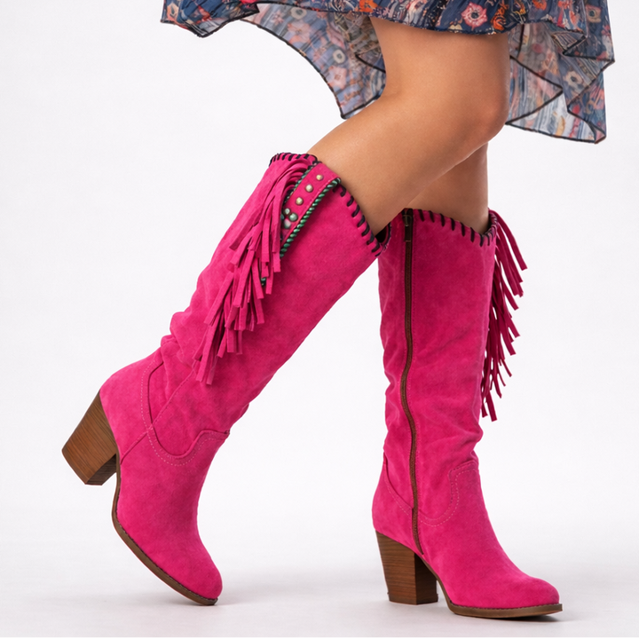 Lavinia | Women's Fringe Knee High Boots - Brown - Image 6