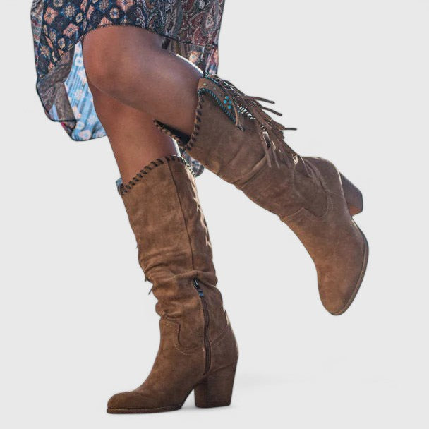 Lavinia | Women's Fringe Knee High Boots - Brown - Image 7