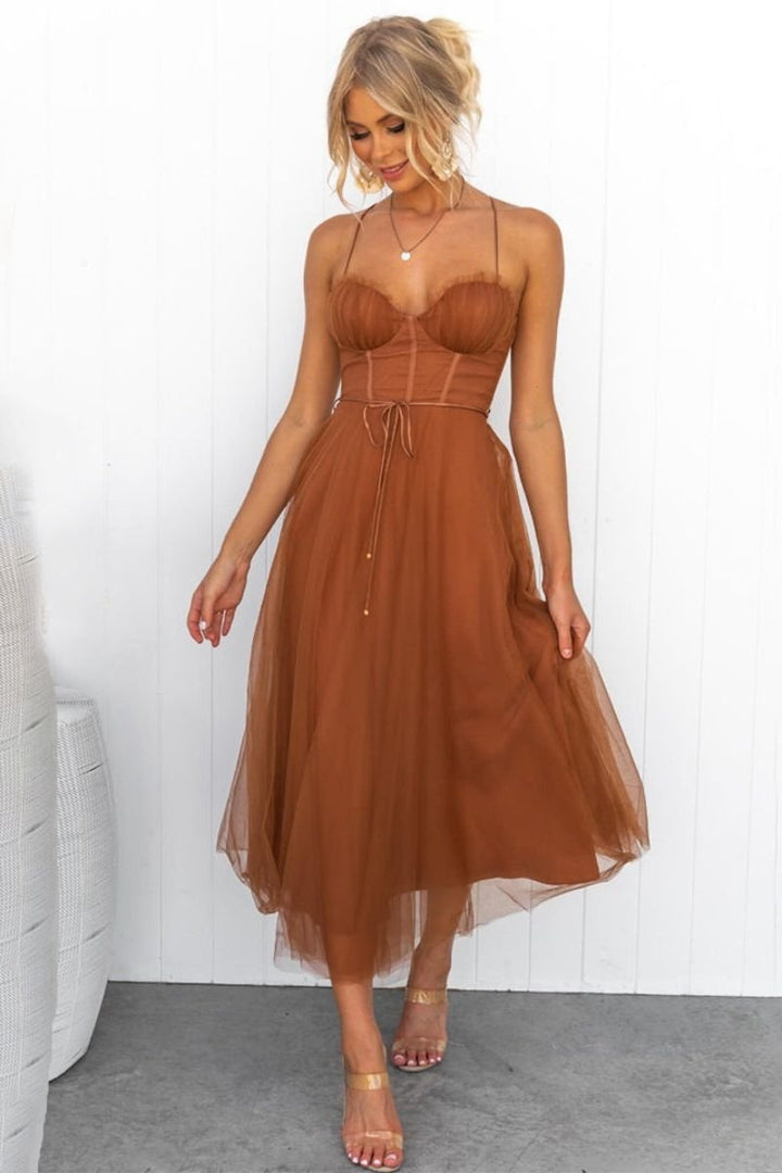 Lavrine | Women's Corset Bodice Tulle Midi Dress - Brown - Image 1