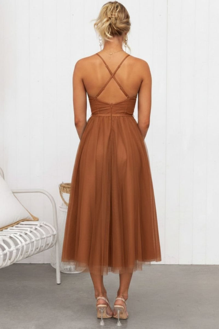 Lavrine | Women's Corset Bodice Tulle Midi Dress - Brown - Image 2