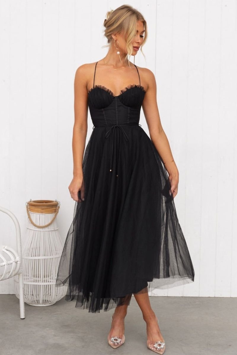 Lavrine | Women's Corset Bodice Tulle Midi Dress - Brown - Image 3