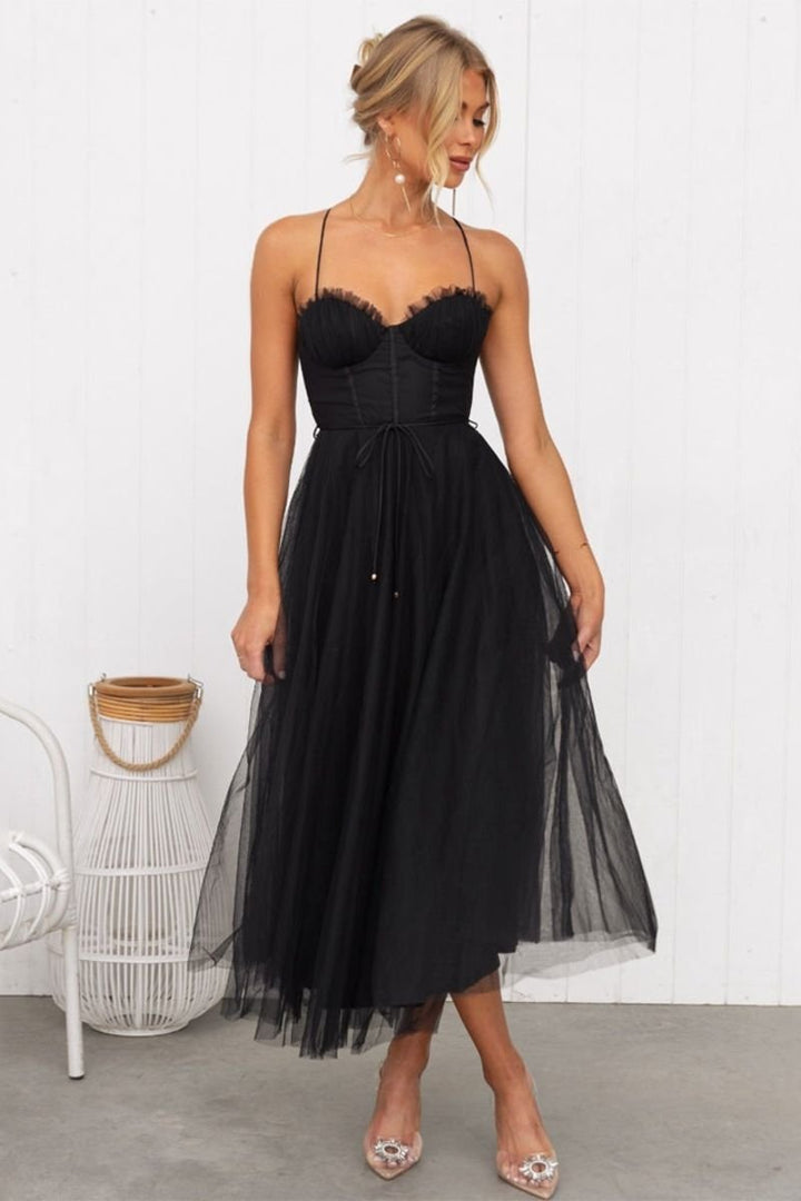 Lavrine | Women's Corset Bodice Tulle Midi Dress - Brown - Image 3