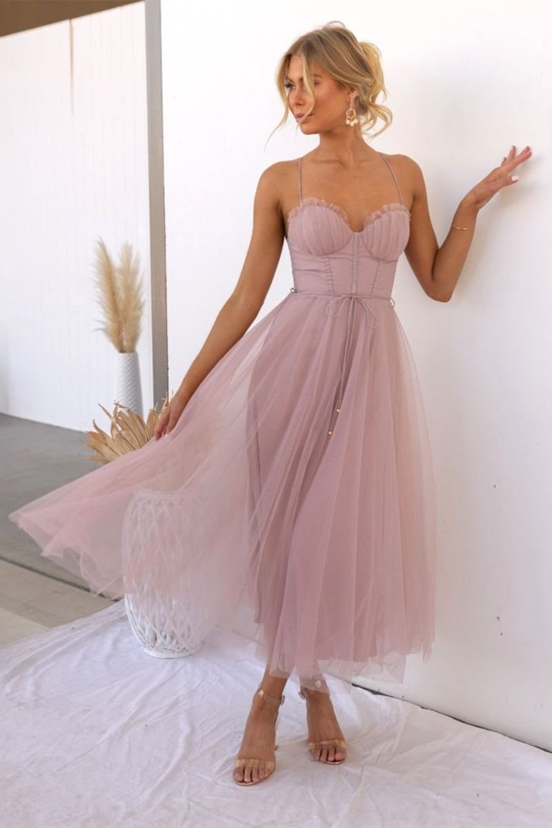 Lavrine | Women's Corset Bodice Tulle Midi Dress - Brown - Image 5