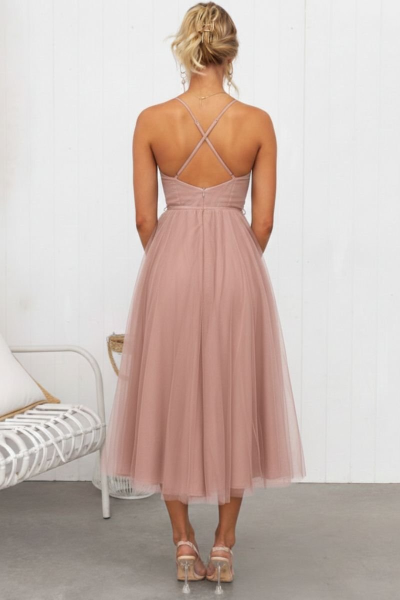 Lavrine | Women's Corset Bodice Tulle Midi Dress - Brown - Image 6