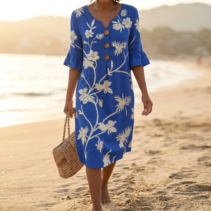Leanora | Women's Floral Midi Dress with Flutter Sleeves - Royal Blue - Image 1