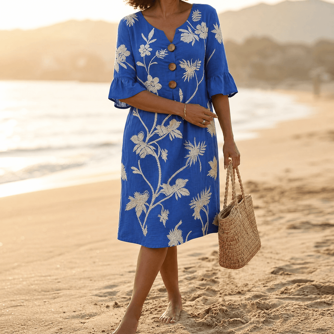 Leanora | Women's Floral Midi Dress with Flutter Sleeves - Royal Blue - Image 12