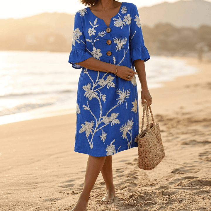 Leanora | Women's Floral Midi Dress with Flutter Sleeves - Royal Blue - Image 12