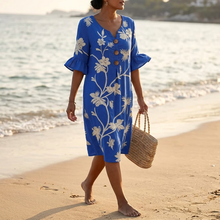 Leanora | Women's Floral Midi Dress with Flutter Sleeves - Royal Blue - Image 3