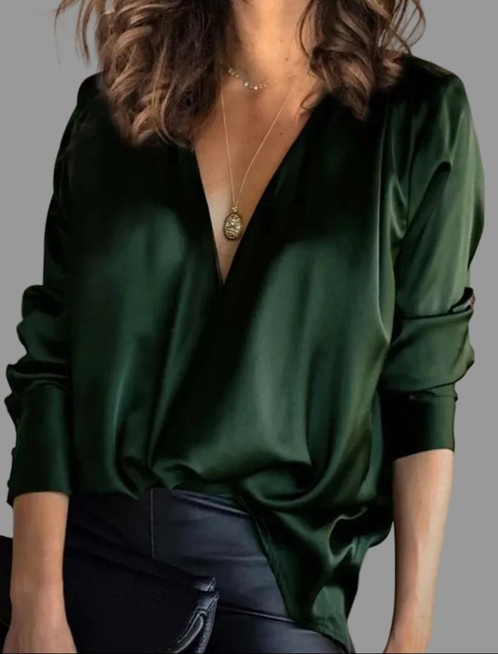 Linnaea | Women's Deep V-Neck Long Sleeve Blouse - Dark Green - Image 1