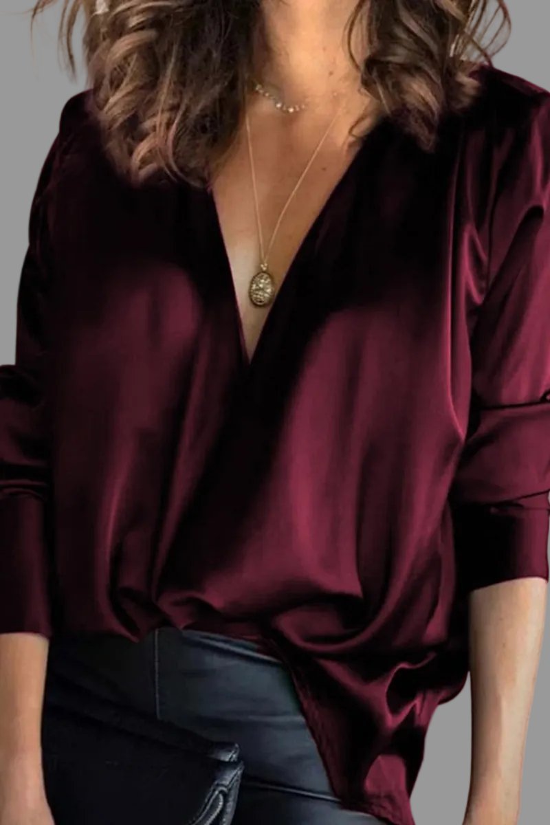Linnaea | Women's Deep V-Neck Long Sleeve Blouse - Dark Green - Image 2