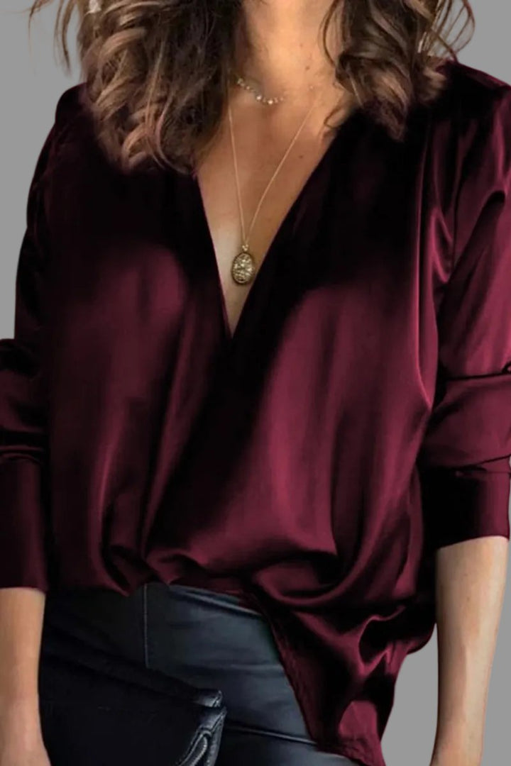 Linnaea | Women's Deep V-Neck Long Sleeve Blouse - Dark Green - Image 2