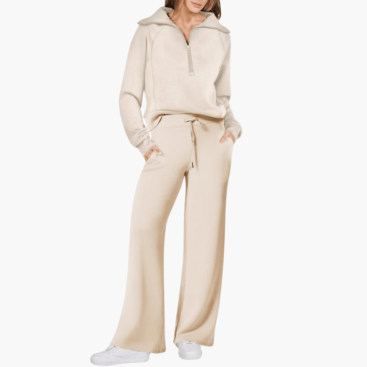 Liora | Women's Zip-Up Hoodie Wide Leg Lounge Set - Beige - Image 1