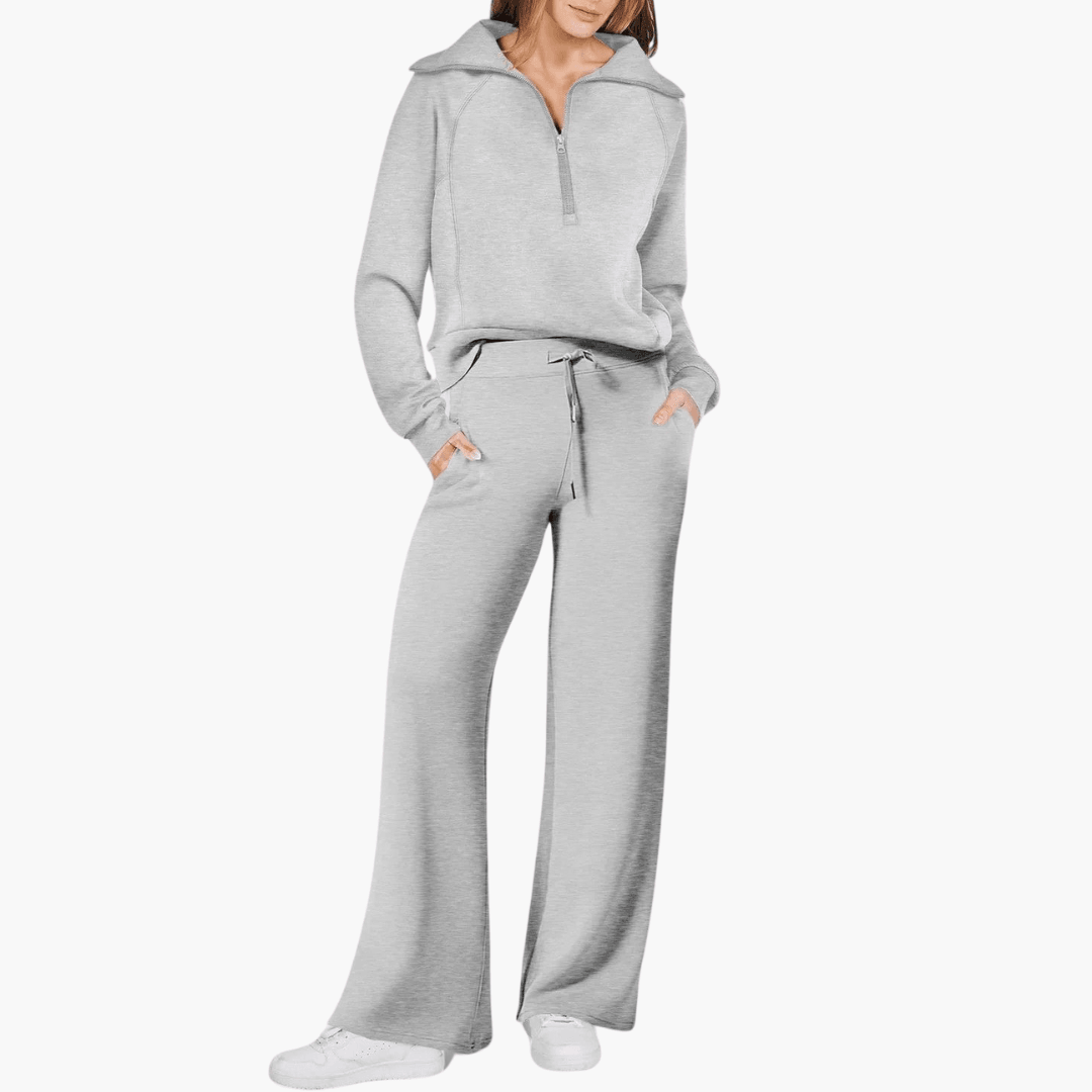 Liora | Women's Zip-Up Hoodie Wide Leg Lounge Set - Beige - Image 2