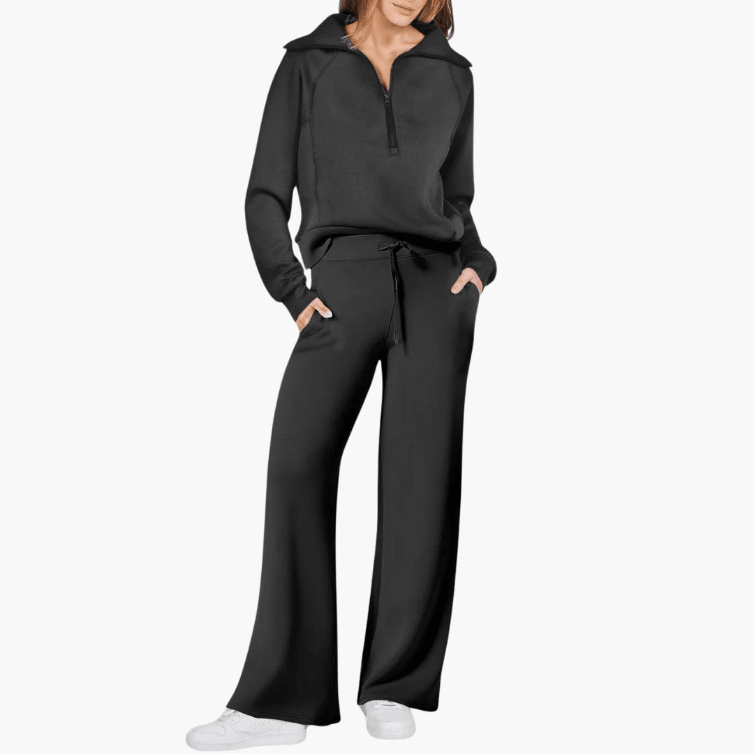 Liora | Women's Zip-Up Hoodie Wide Leg Lounge Set - Beige - Image 4