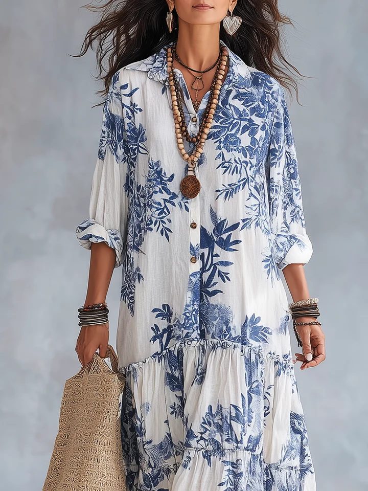 Lirvelle | Women's Print Maxi Shirt Dress - White - Image 1