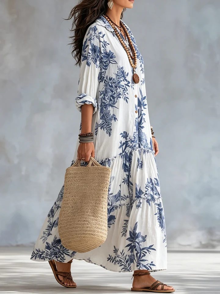 Lirvelle | Women's Print Maxi Shirt Dress - White - Image 2