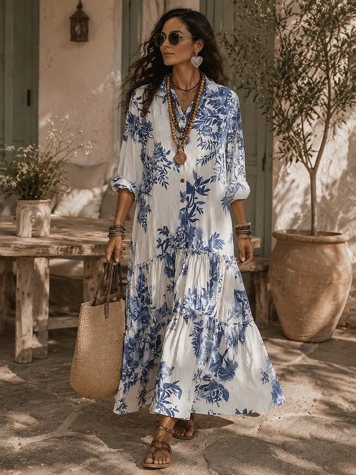 Lirvelle | Women's Print Maxi Shirt Dress - White - Image 4
