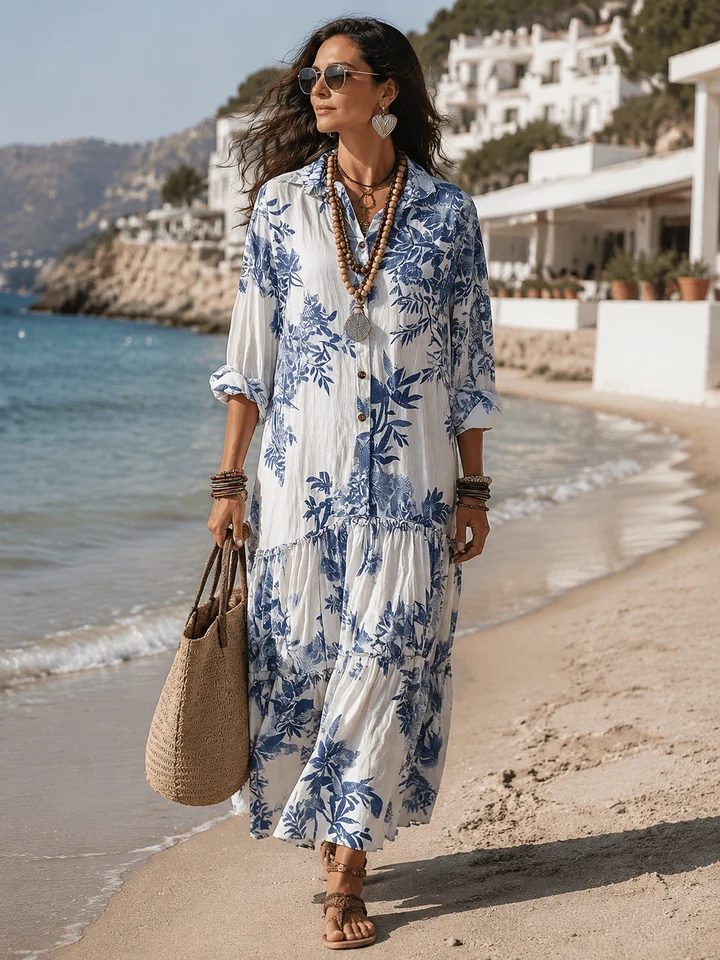 Lirvelle | Women's Print Maxi Shirt Dress - White - Image 5