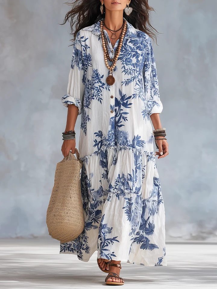 Lirvelle | Women's Print Maxi Shirt Dress - White - Image 6