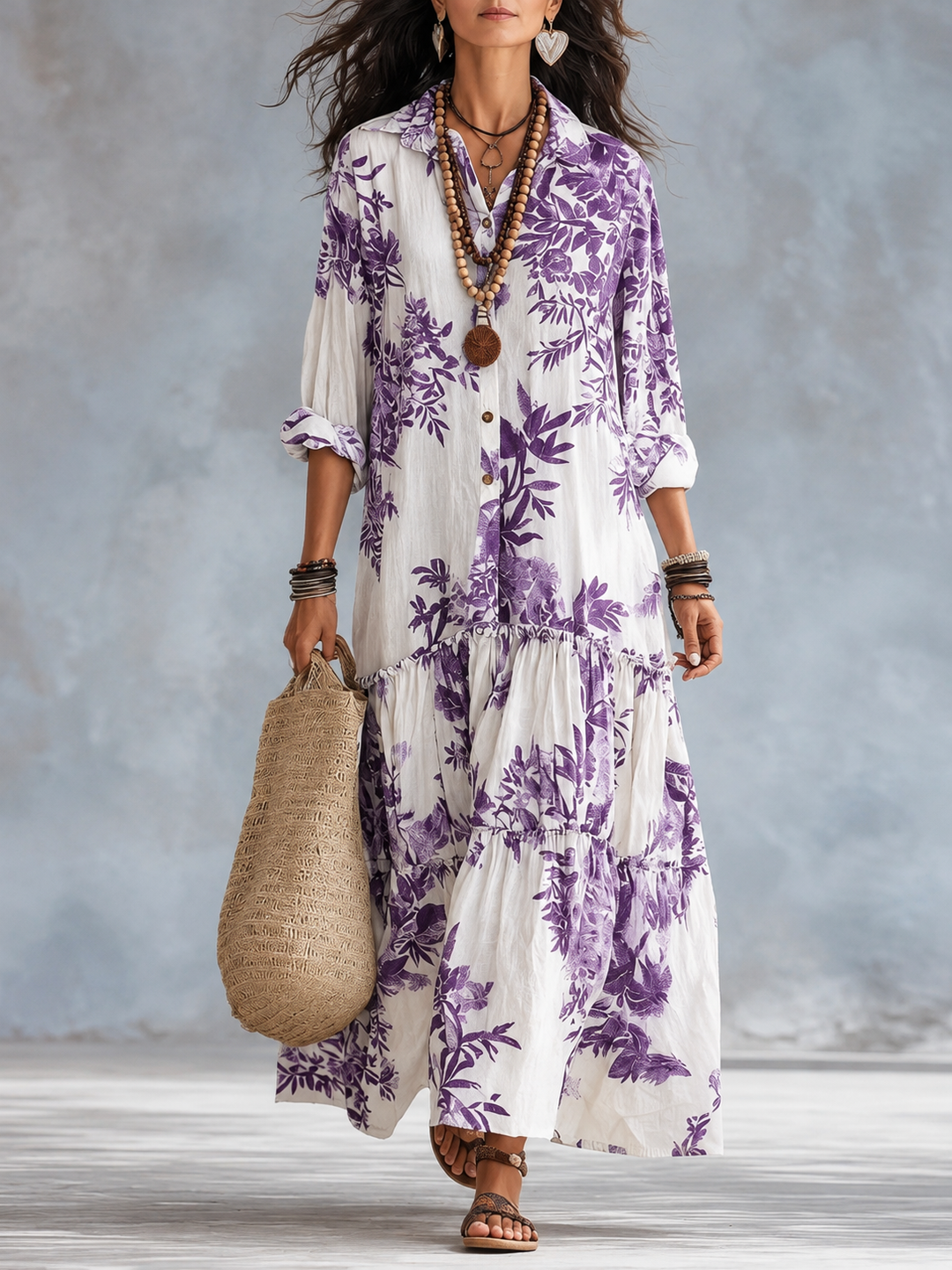 Lirvelle | Women's Print Maxi Shirt Dress - White - Image 7
