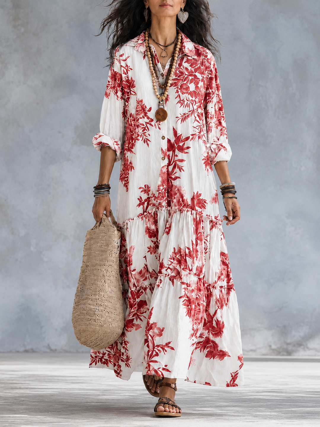 Lirvelle | Women's Print Maxi Shirt Dress - White - Image 8