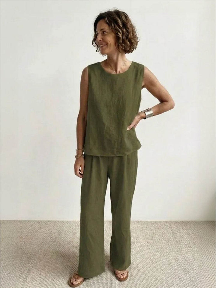 Sage | Women's Linen Sleeveless Top Wide Leg Pants Two-Piece Set