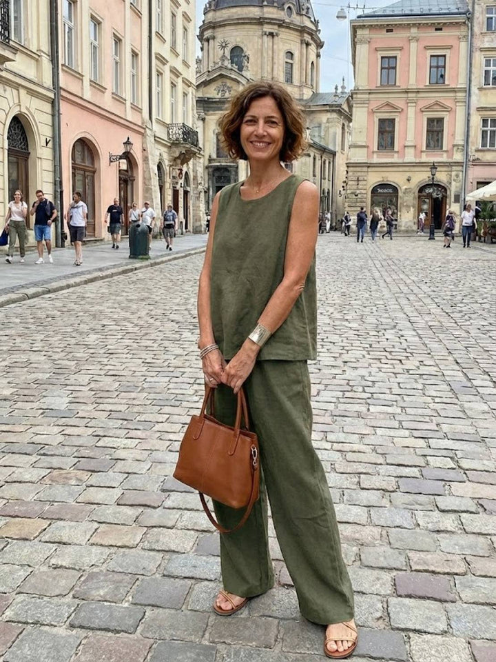 Sage | Women's Linen Sleeveless Top Wide Leg Pants Two-Piece Set