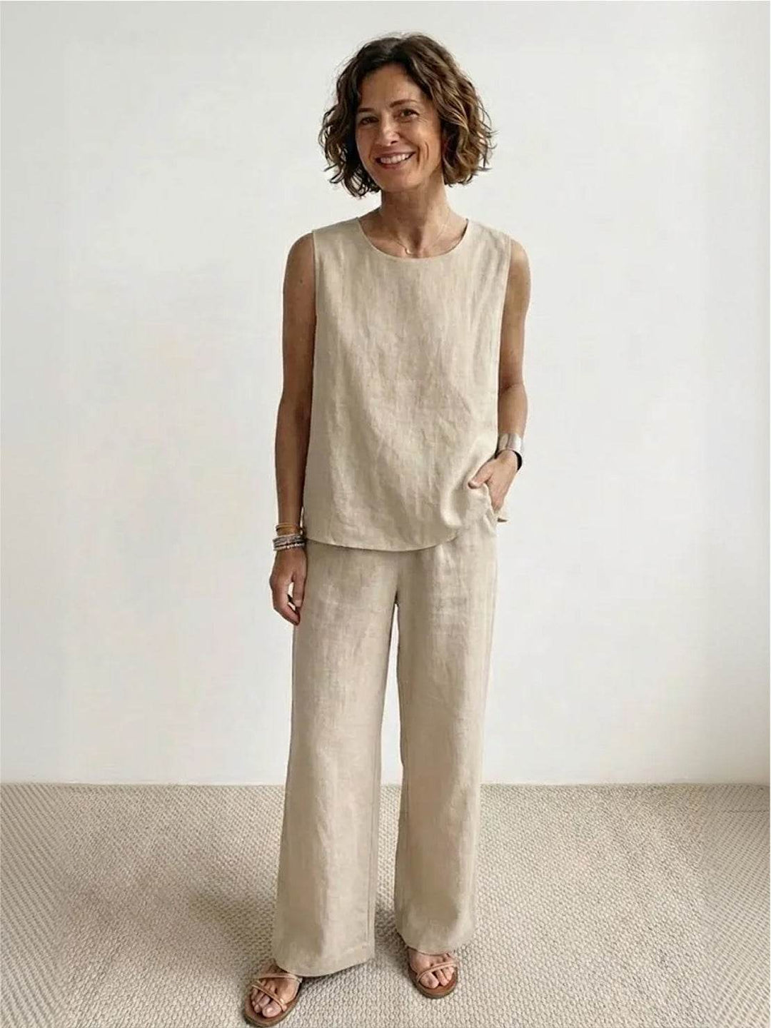 Sage | Women's Linen Sleeveless Top Wide Leg Pants Two-Piece Set