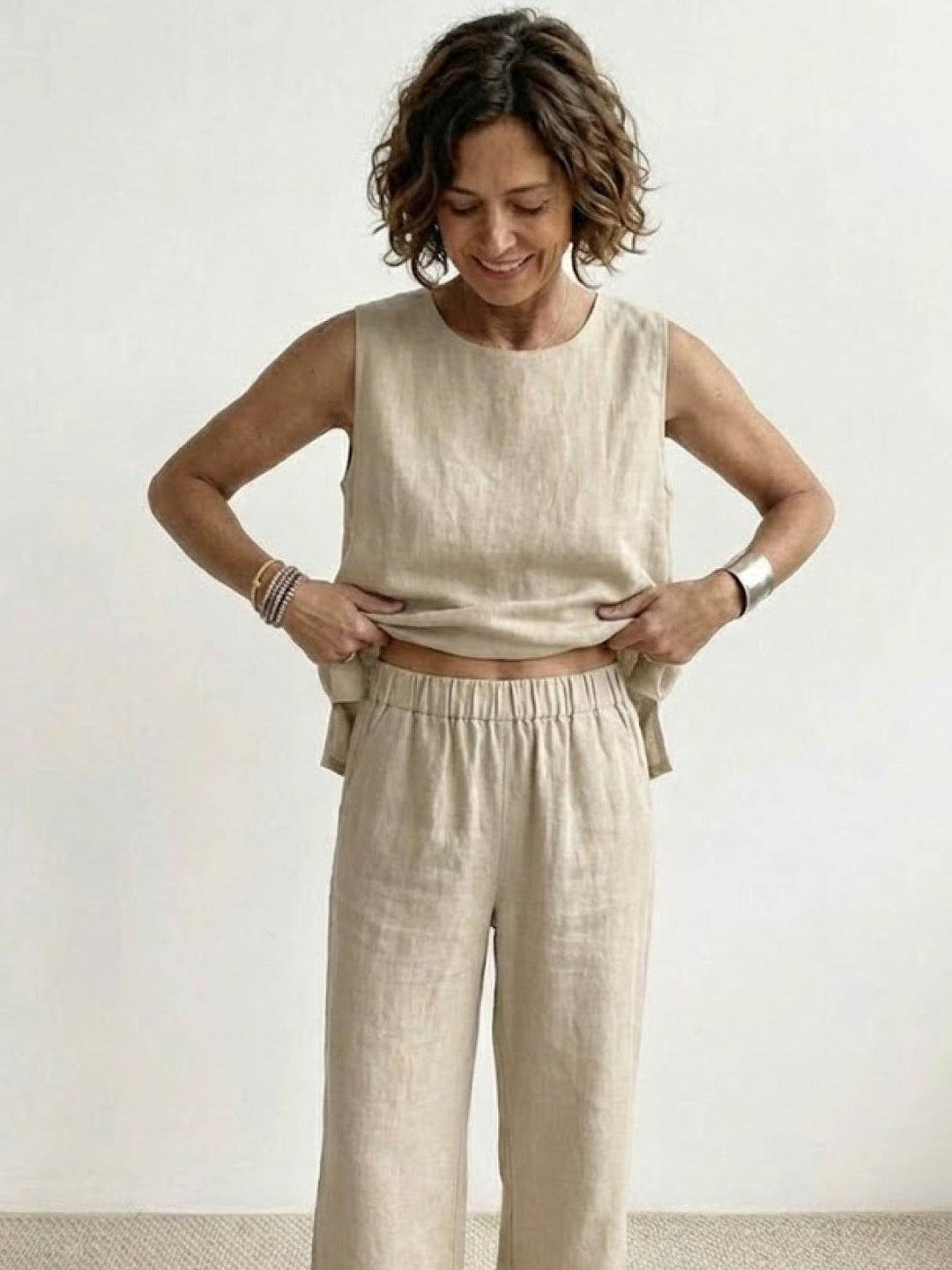 Sage | Women's Linen Sleeveless Top Wide Leg Pants Two-Piece Set