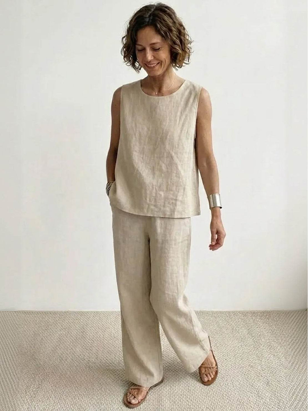 Sage | Women's Linen Sleeveless Top Wide Leg Pants Two-Piece Set