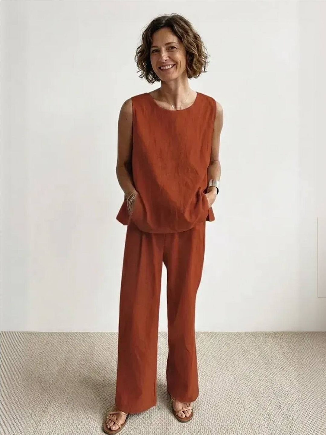 Sage | Women's Linen Sleeveless Top Wide Leg Pants Two-Piece Set
