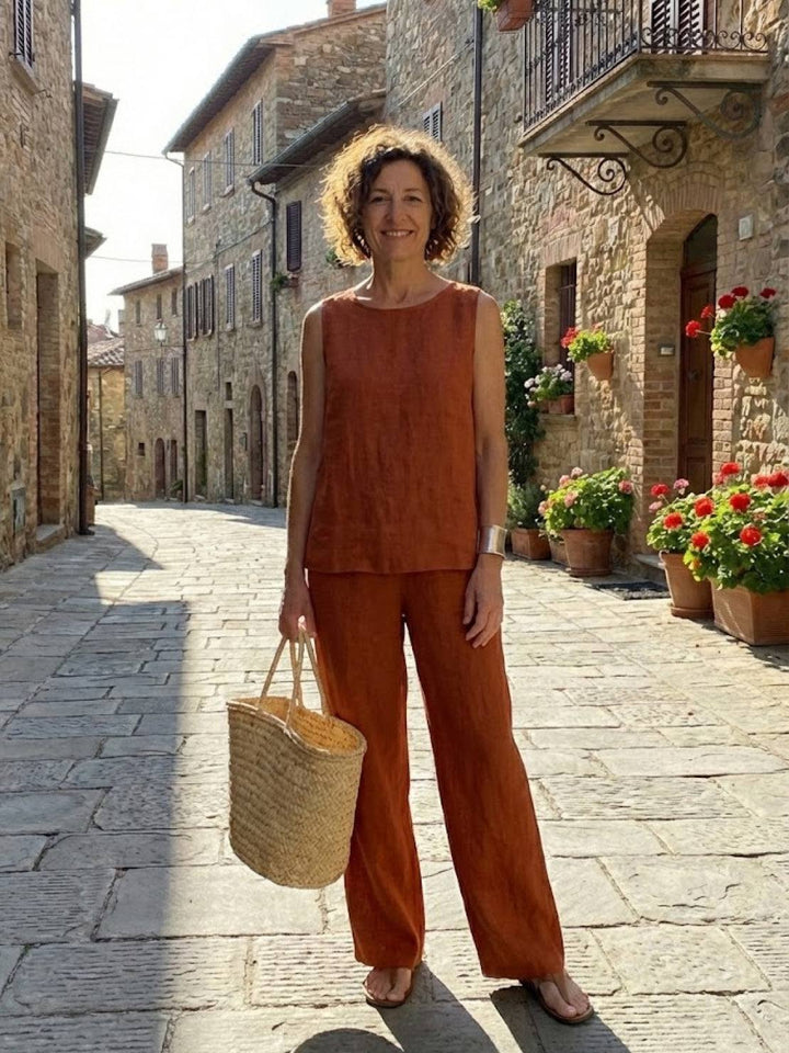 Sage | Women's Linen Sleeveless Top Wide Leg Pants Two-Piece Set