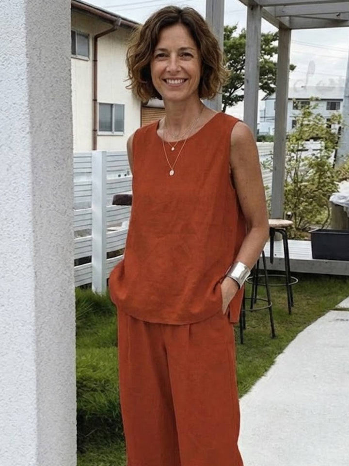 Sage | Women's Linen Sleeveless Top Wide Leg Pants Two-Piece Set