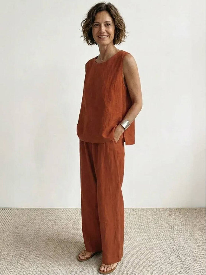 Sage | Women's Linen Sleeveless Top Wide Leg Pants Two-Piece Set